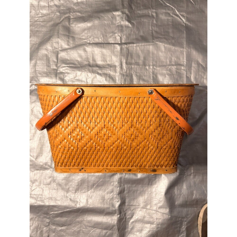 Vintage Red-Man Woven Picnic Basket Orange Interior Folding Handles Peru Indiana